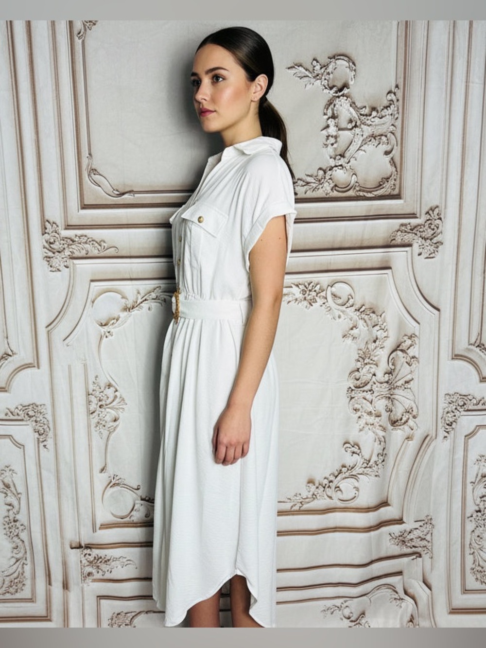 Blu Pepper White Button-Front Maxi Shirt Dress with Woven Belt - Picture 2 of 11